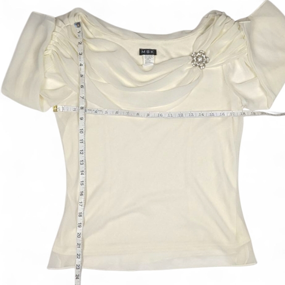 MSK Blouse Off-Shoulder Chiffon Top Cream Silver Tone Flower Brooch Womens Large - Picture 10 of 12